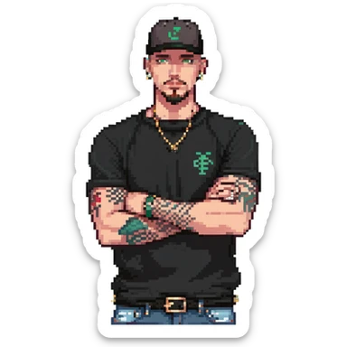 a man with a shaved head, goatee, pierced ear, and green eyes, wearing a black baseball cap backwards, black shirt, jeans, and tattoos on one arm, pixel art style, arms crossed sticker