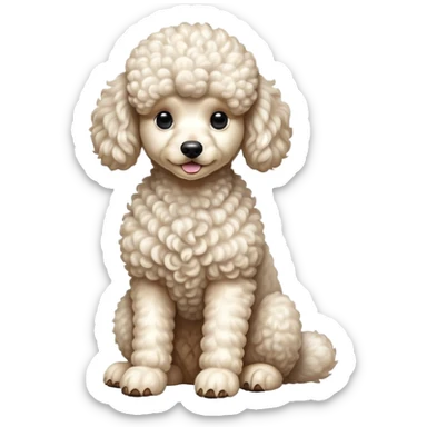 cinematic-[poodle]-realistic-full-body-sitting-emoji,-tail-resting-loosely-beside-its-paws,-head-tilted-dramatically, -curly-[cream white]-fur,-simplified-yet-realistic-focused-features,-highly-detailed,-glowing-with-an-almost-sarcastic-glow sticker