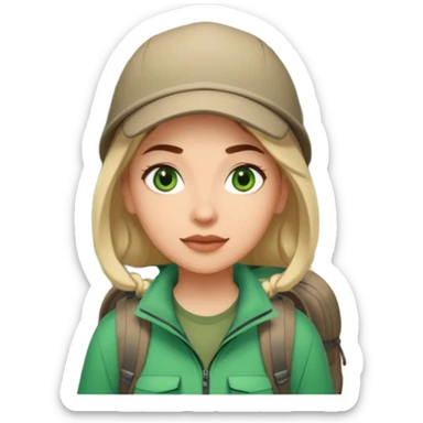 woman hiking in the woods in the sunshine. light face and green eyes. sticker