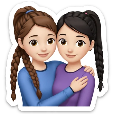 Comforting Hug two white skin women, one shorter woman with brown hair in simple top ponytail, not braided, and one taller woman with black hair in long side braid sticker