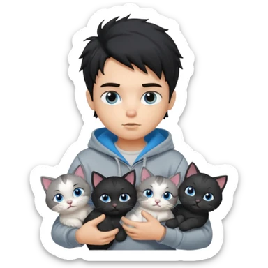 generate a pretty fair bratz boy with black messy hair holding 3 cats.  Wearing a grey hoodie sticker
