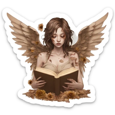 Zombie Library book bookworm academia aesthetic beige angel fallen angel tattoos with broken wing damaged wing torn wing, made of newspaper cuttings and dried flowers brown flowers sticker