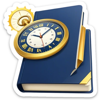 A navy blue productivity book with gold details, running clock and chart with upward trend aura, radiating productivity, strategy, and success in motion with time and happiness yellow sticker