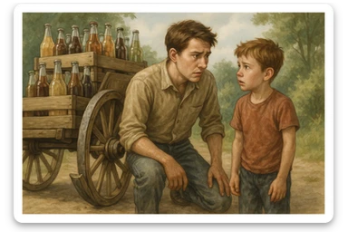 Bir g'ildiragi singan ichimliklar ortilgan arava uning yonida aka uka bir biriga havotirli nigoh bilan qarab turibdi realistik uslubda sticker