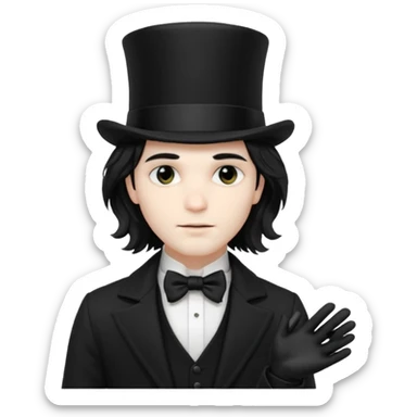 Male Goth with Top short Hat
 Wavy shoulder-length hair, white skin, black suit and gloves, pale skin tone,  sticker