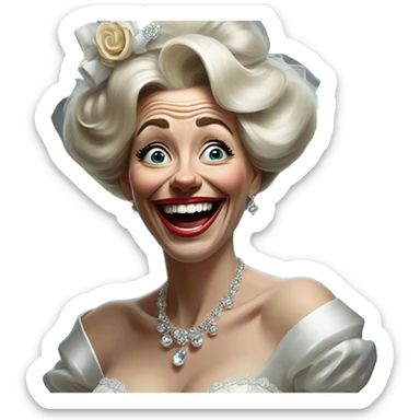 Laughing insane bride in Uncle Scrooge style, oil paint, mysterious eyes, intricate lips, masterpiece pose, odd perspective, beautiful, desirable, logical sticker