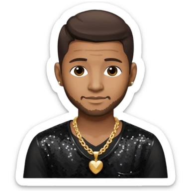 Usher with dark brown hair, black sequin dress shirt with necklace and chest out sticker