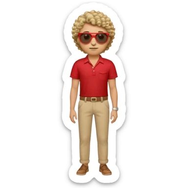Emoji-style man in a red untucked shirt with rolled sleeves, beige trousers, and sunglasses. Short curly box-cut hair, long triangular face. Looking sideways, removing sunglasses with one hand, the other on his waist. sticker
