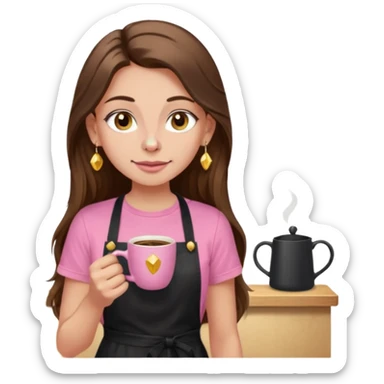 Fille cheveux long châtain, peau beige type européen, teeshirt rose avec un tablier noir, piercing au nez anneau doré, boucle d’oreille diamant doré. Elle boit un café sticker