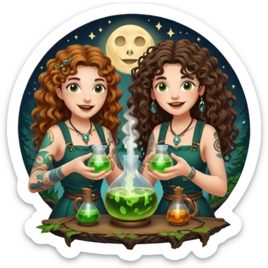 forest alchemist duo two women curly long hair tattooed and short brown mullet mixing glowing moon potion together excited faces sticker
