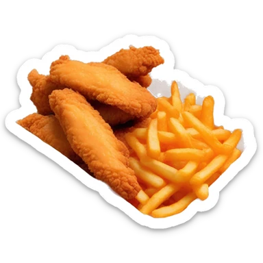 3 chicken tenders with crinkle fries and orange sauce on the side in a styrofoam container styrofoam container sticker