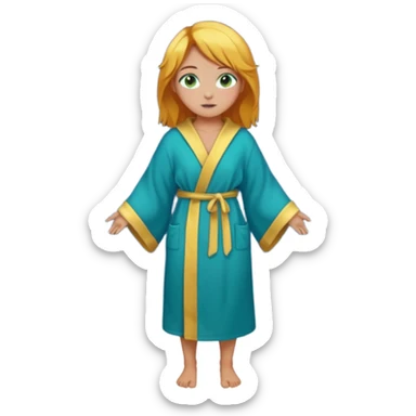 lightly tanned skin, green-blue eyes, cute and sexy girl with bright yellow-brown hair in a dark sky pallete robe, golden rings, slight cute makeup, full body sticker