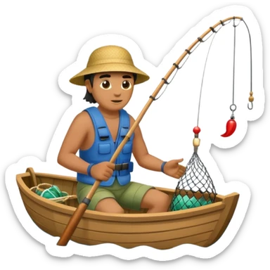 A Polynesian fisherman in the water fishing with a net. sticker