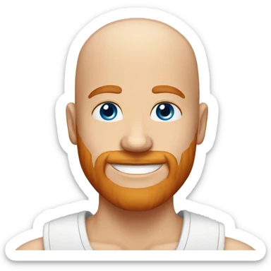 bald man, blue eyes, smiling with red patchy beard sticker