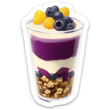 Açaí in a clear cup with layers of fruits and granola and condensed milk sticker