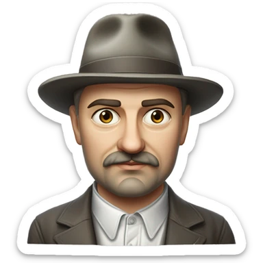Russian writer Alexander Kuprin Photorealism A plump serious man of Slavic appearance with Small eyes with goatee beard and mustache, with a  short haircut, big detailed face, wrinkled face, wearing a fedora hat sticker