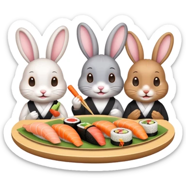four cute bunny rabbits eating sushi at a birthday party, playful, sushi platters, birthday banner, emoji style sticker