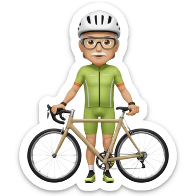 older, 60-year-old man, about 200lbs, with visor under helmet, and mirror on glasses, in cycling clothes, straddling road bike, graphic design sticker