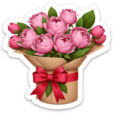 Bouquet of pink flower like rose and peony wrapped in kraft paper with red bow sticker
