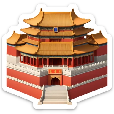Cinematic Realistic Forbidden City Landmark Emoji, depicting grand imperial architecture with golden rooftops, vast courtyards, and intricate wooden carvings, all surrounded by towering red walls. sticker