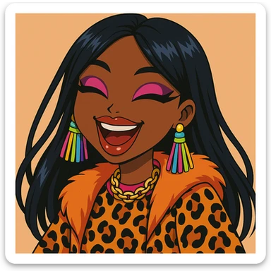 Change her expression to happy, keep her as a 20-year-old anime Bratz style woman with dark skin, dark hair, bold colorful fashion-forward look, big expressive eyes, and glossy lips. No tears. Maintain the anime Bratz style look. sticker