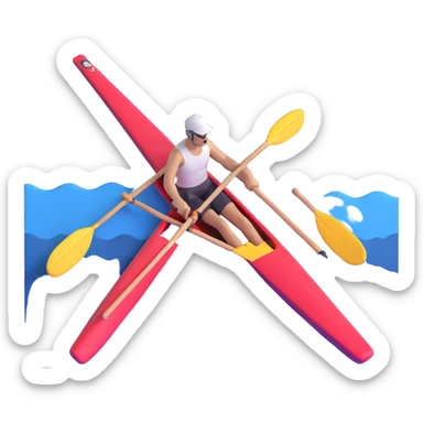 single-person Olympic rowing boat with professional racing style, with rower, maximum 2 oars, bird's-eye view, minimal sea effect with rounded corners sticker