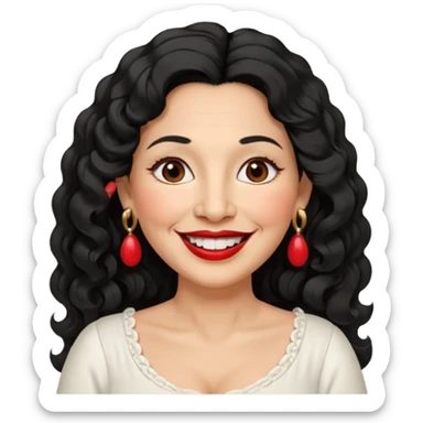 60 yr old peruvian woman, slightly chubby, wavy/curly long black hair, red lipstick, big smile, white teeth, brown eyes, hoop earings, side part to hair, round face, pretty white dress, hair side swept sticker