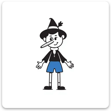 Hand-drawn Pinocchio puppet with a very long nose, wearing blue clothing and pointed hat sticker