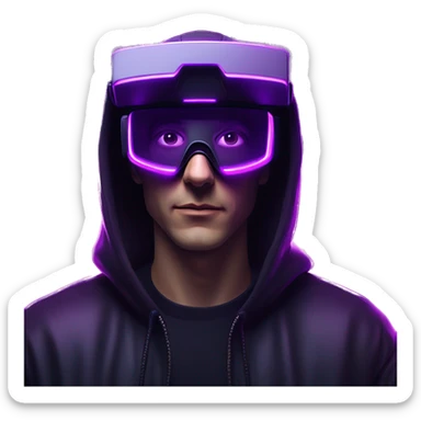 Russian man wearing a black hoodie with "OMG" letters on it and VR headset in a cyberpunk VR environment with violet neon lighting. sticker