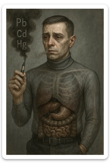 Realistic medical style illustration of a man aged 30-40 years with pale skin, dull eyes, and a tired face, inspired by the reference photo. He holds an electronic cigarette emitting dark smoke with chemical symbols Pb, Cd, Hg. His body is transparent showing dark liver and intestines. The atmosphere is gloomy with metallic colors, realistic medical style. sticker
