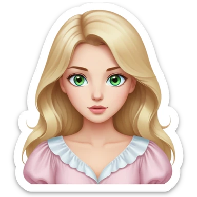 «Blonde with long hair, green-blue eyes with arrows and brown hair, nude shiny lips. She is wearing an elegant white blouse with voluminous sleeves and open collarbones. A sharp nose, a delicate pink blush and light pink shadows.» sticker
