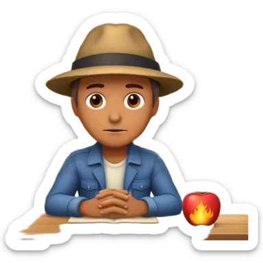 a man sits sadly at a table, a house is burning behind him, apple style emoji, with dramatic fire and smoke sticker