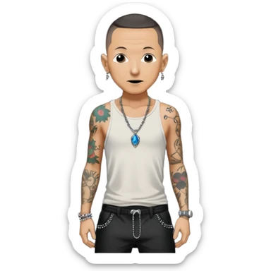 Chester Bennington with black sequin baggy pants, shirtless with necklace sticker
