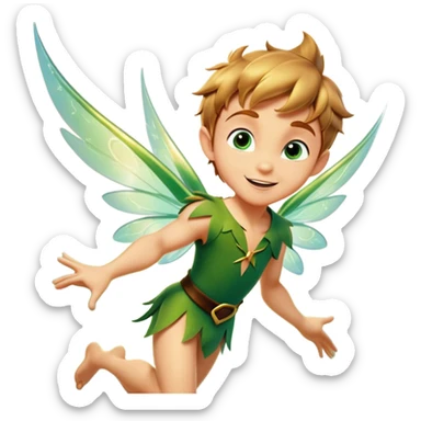cinematic-realistic-peter-pan-portrait, head tilted dramatically with an exaggeratedly amused expression and sparkling eyes brimming with playful mischief, his iconic outfit rendered in vivid detail with dynamic shadows, soaring through the air flying next to a glowing Tinker Bell, whose delicate wings leave a trail of shimmering pixie dust across a whimsical sky. sticker