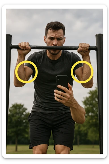 uomo che fa Muscle up e si sta filmando davanti con il telefonino per vedere la sua posizione dei gomiti e delle mani sulla sbarra, fai dei cerchi per indicara i gomiti sticker