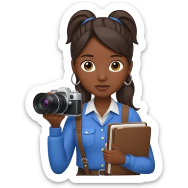 journalist dark skin woman ponytail holding camera and notebook sticker