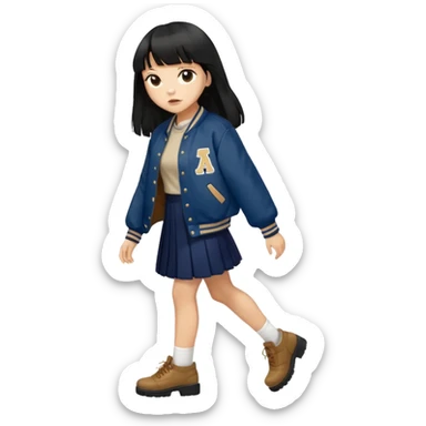 hair : black long hair with fringe (almost waist length) 
skin : light 
outer : deep brown varsity jacket (oversize) 
skirt : navy long long skirt (under knee, close to toe)  
motion : walking alone 


 sticker