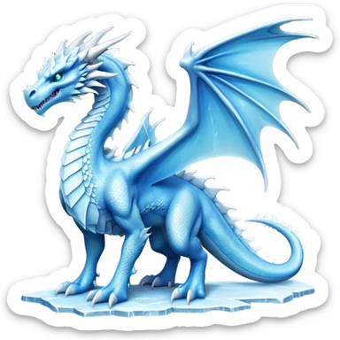 Cinematic Noble Fierce Ice Dragon full body Emoji, Poised and imposing, distinct long elegant snout, with a slender, scaled body shimmering in glacial hues of icy blue, frostbitten silver, and crystalline white, breathing out frost, with piercing, glowing eyes that radiate the chilling depths of an arctic storm; rendered in detail. displaying its wings sticker