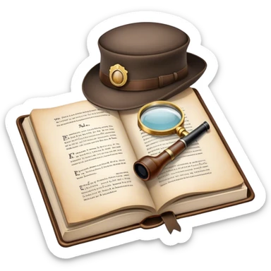 Icon for Detective Reading: an open book with text and a magnifying glass on the pages, a classic detective hat and a pipe, surrounded by clues like footprints, a revolver and a notepad. The icon should represent the mystery and intrigue of detective stories. Transparent background. sticker