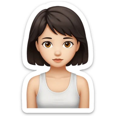 A pretty girl with dark brown eyes and short wavy dark hair with short side bangs and a neutral expression, with chinita skin and a white tank top(not sleeveless)emoji sticker