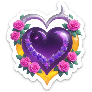 gothic heart made of amethyst glass, silver crescent moon, glowing violet roses, holographic stardust, neon pink lightning, wet and cracked glass sticker