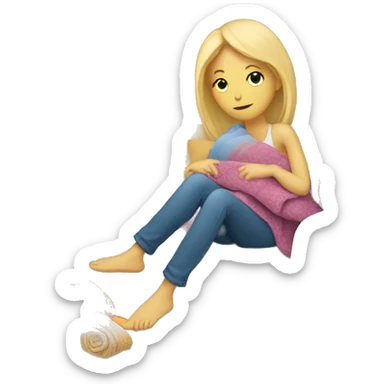 a blonde girl laying on the couch with a bunch of blankets  sticker