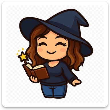 Create a chibi emote of a woman from the reference images with a slightly skinnier body and bigger chest, wearing a navy blue sweater and blue jeans, wearing a wizard hat and holding a magic book, cute magical face, no headband, no wand, no green heart, transparent background, and top color not matching jeans, matching the attached green heart emote as a base style. sticker