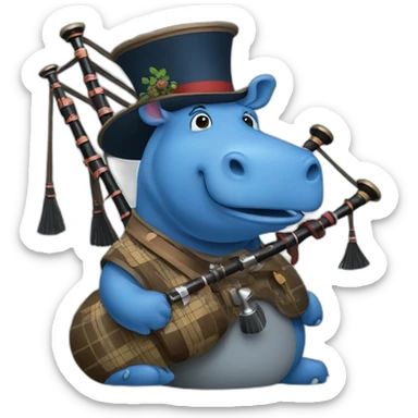 Blue hippo with bagpipes and Tam o’ shanter sticker