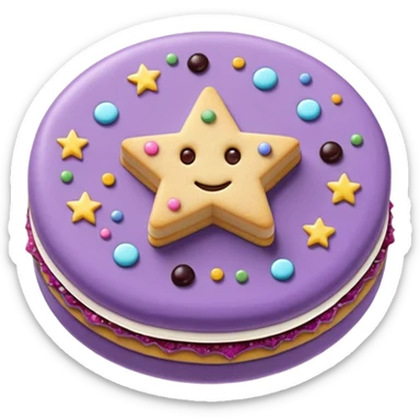 a pastel purple sandwich cookie with soft crumbly texture, a star-shaped jam cutout in the center showing glossy dark berry filling, and creamy filling with colorful sprinkles. Minimal emoji style, smooth shading, high detail, centered object, no background, sweet playful vibe sticker