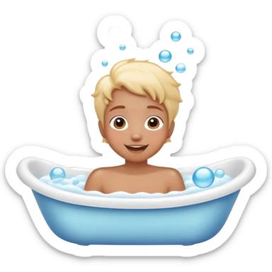 person taking a bath in a bathtub, lots of bubbles, cheerful expression, simple and cute sticker