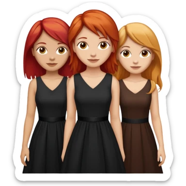 Can you create an image of 3 friends together one with red bright hair light skin one the other with brown hair with some blonde highlights in the hair fair skin the last one with light brown a tint of orange hair and black long hair with brown with dresses dark hair on one of the girls  sticker