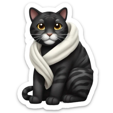 Black tiger cat with white mouth, white neck, with a cozy blanket sticker