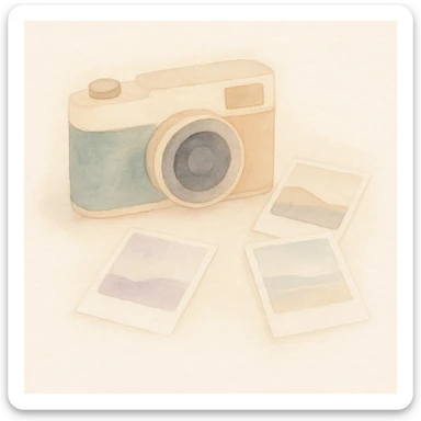soft watercolor illustration in a minimalist modern style of a vintage camera with developed photographs scattered around it, warm lighting, nostalgic mood, pastel colors, delicate linework, gentle whimsical mood, minimal soft shading sticker