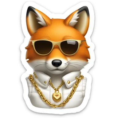 fox wearing a white puffer vest and sun glasses and a gold chain sticker